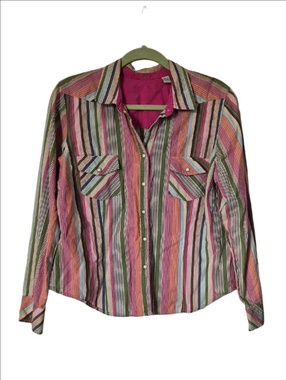 Izod Multicolor Striped Snap Button Down Shirt Blouse Top Pink Green XL Petite